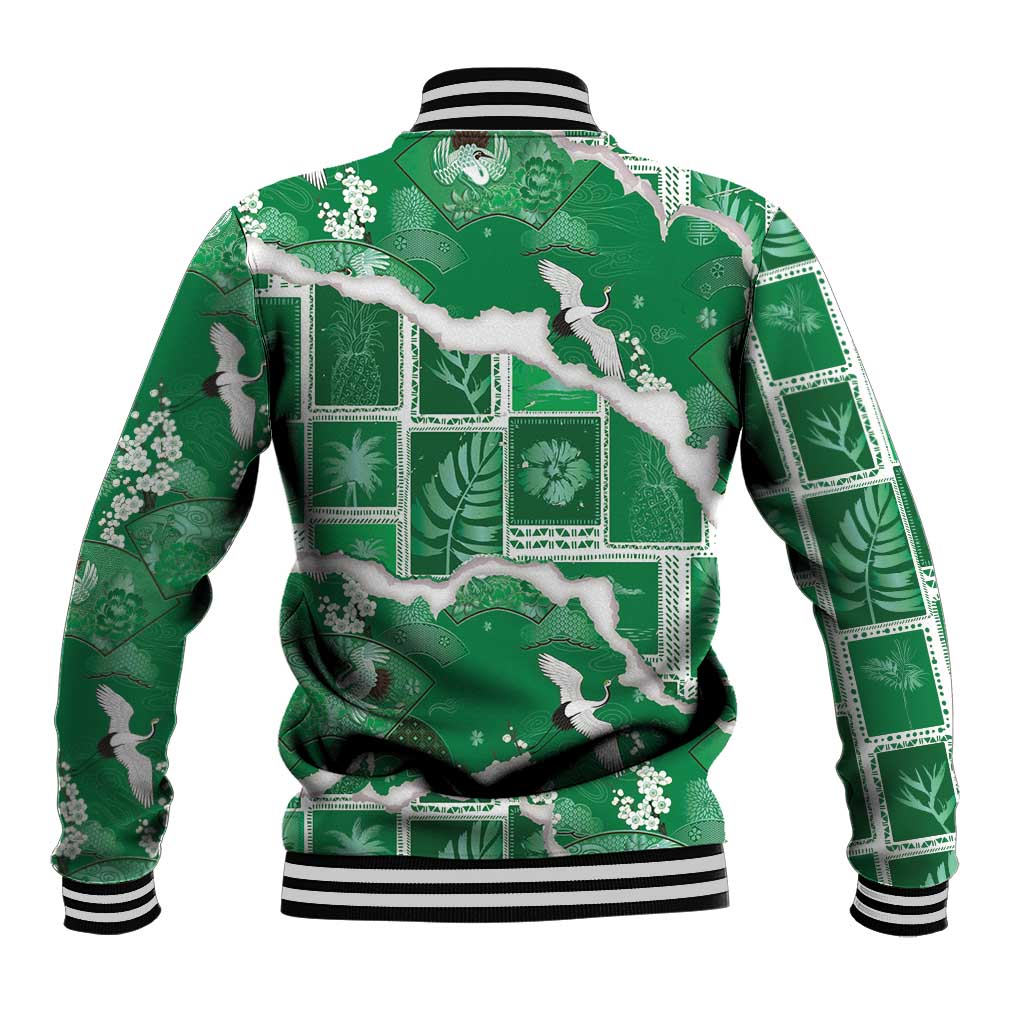 Hawaii Japanese Culture Green Baseball Jacket Spring Cranes Aloha Pattern