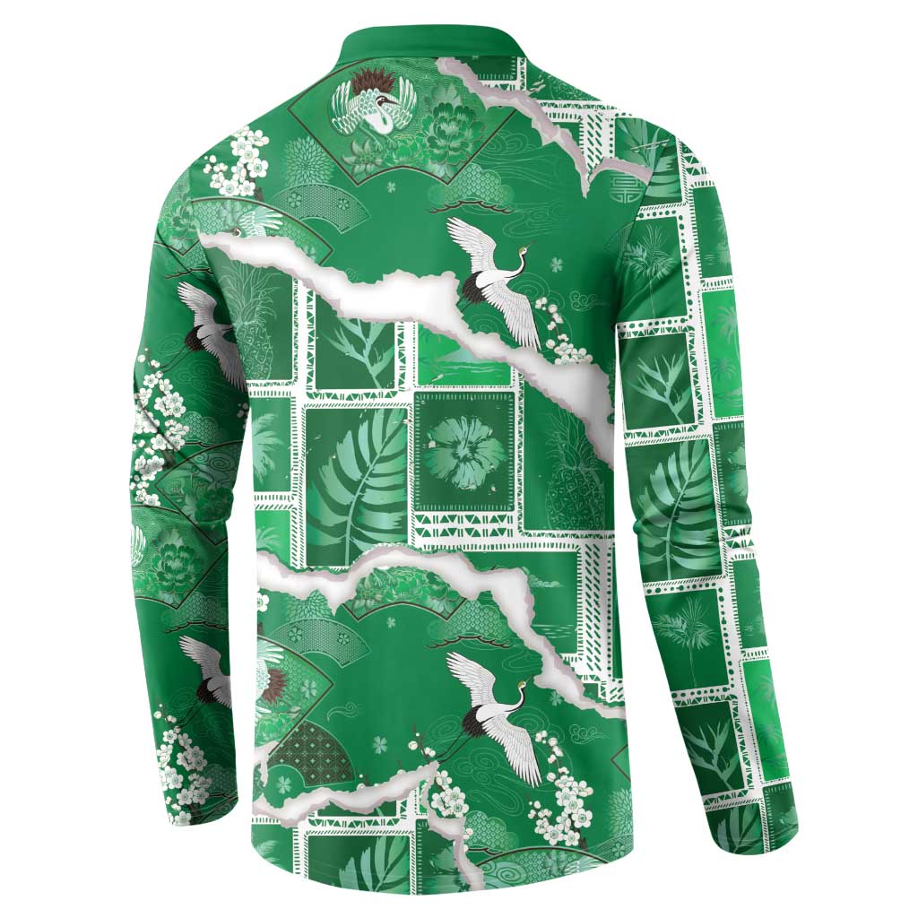 Hawaii Japanese Culture Green Button Sweatshirt Spring Cranes Aloha Pattern