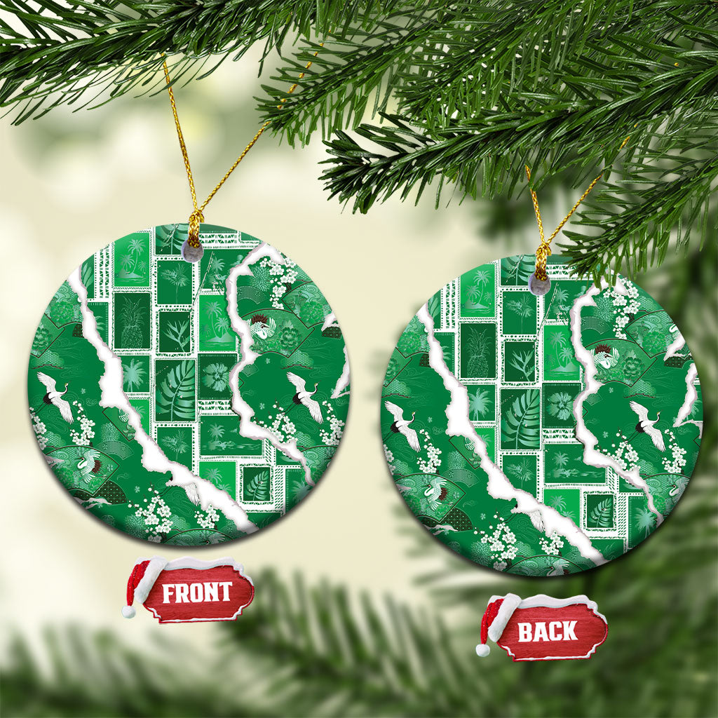 Hawaii Japanese Culture Green Ceramic Ornament Spring Cranes Aloha Pattern LT01 Circle Green - Polynesian Pride