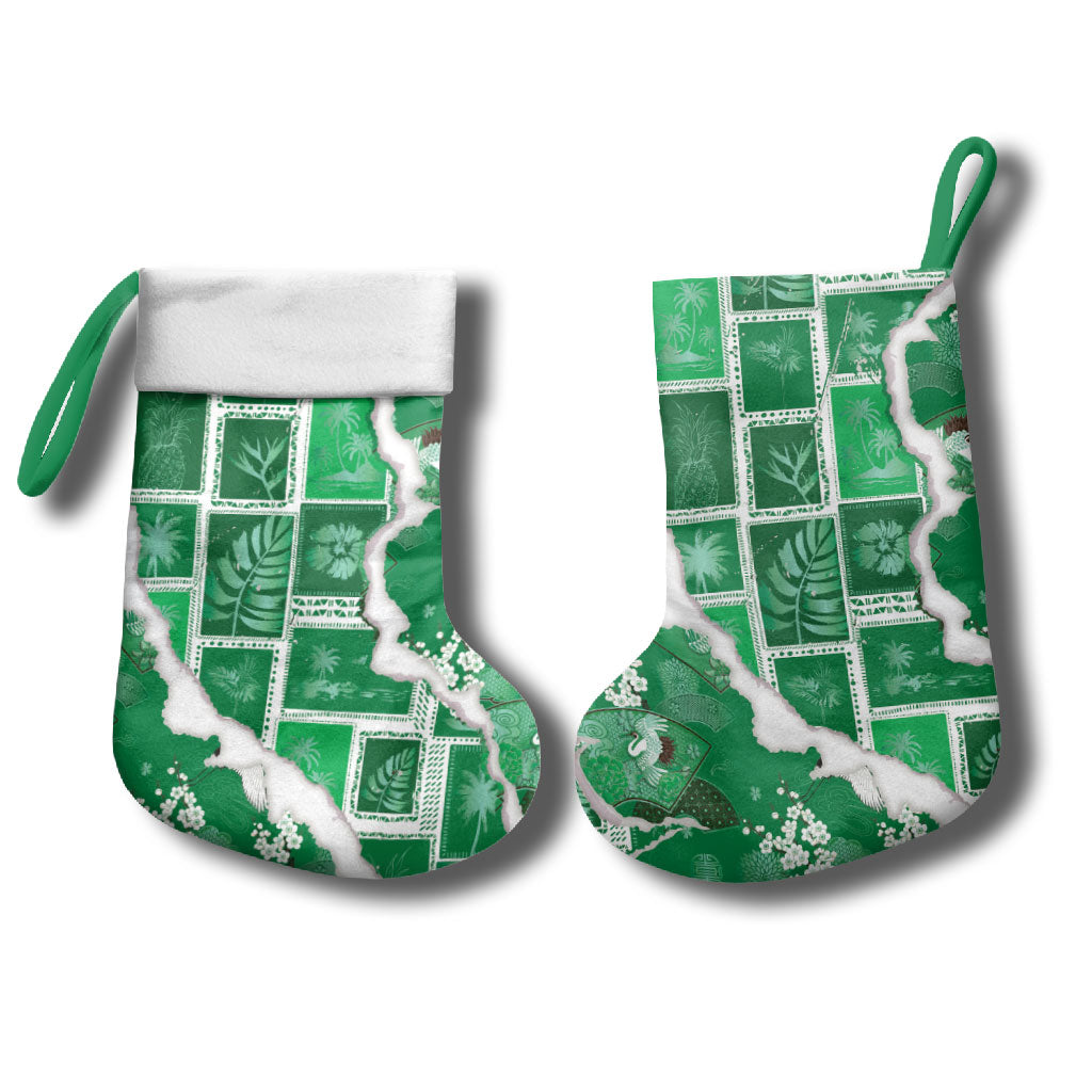 Hawaii Japanese Culture Green Christmas Stocking Spring Cranes Aloha Pattern LT01 - Polynesian Pride