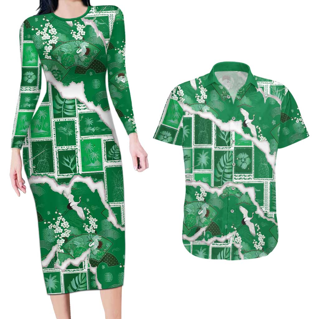 Hawaii Japanese Culture Green Couples Matching Long Sleeve Bodycon Dress and Hawaiian Shirt Spring Cranes Aloha Pattern