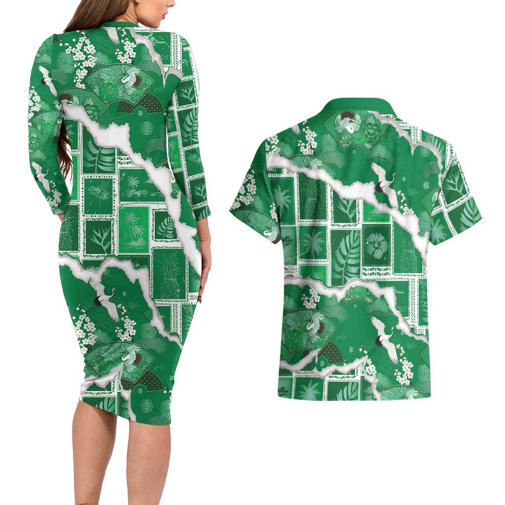 Hawaii Japanese Culture Green Couples Matching Long Sleeve Bodycon Dress and Hawaiian Shirt Spring Cranes Aloha Pattern
