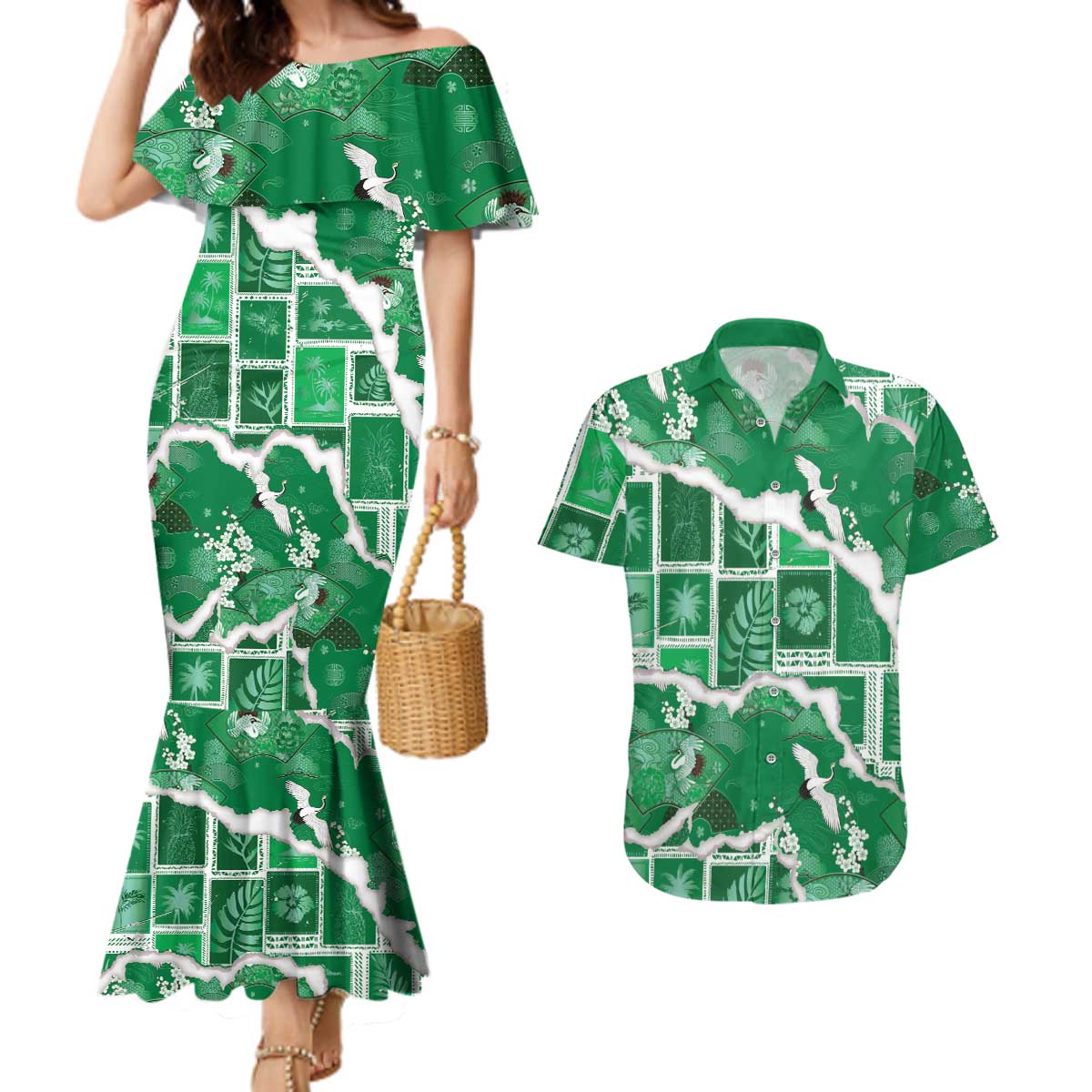 Hawaii Japanese Culture Green Couples Matching Mermaid Dress and Hawaiian Shirt Spring Cranes Aloha Pattern