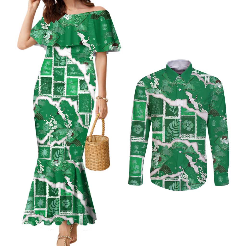 Hawaii Japanese Culture Green Couples Matching Mermaid Dress and Long Sleeve Button Shirt Spring Cranes Aloha Pattern