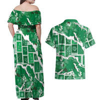 Hawaii Japanese Culture Green Couples Matching Off Shoulder Maxi Dress and Hawaiian Shirt Spring Cranes Aloha Pattern