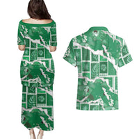Hawaii Japanese Culture Green Couples Matching Puletasi and Hawaiian Shirt Spring Cranes Aloha Pattern
