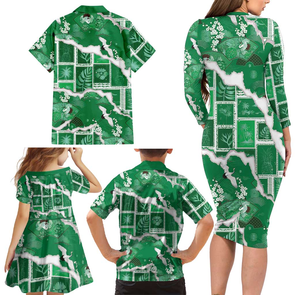 Hawaii Japanese Culture Green Family Matching Long Sleeve Bodycon Dress and Hawaiian Shirt Spring Cranes Aloha Pattern LT01 - Polynesian Pride