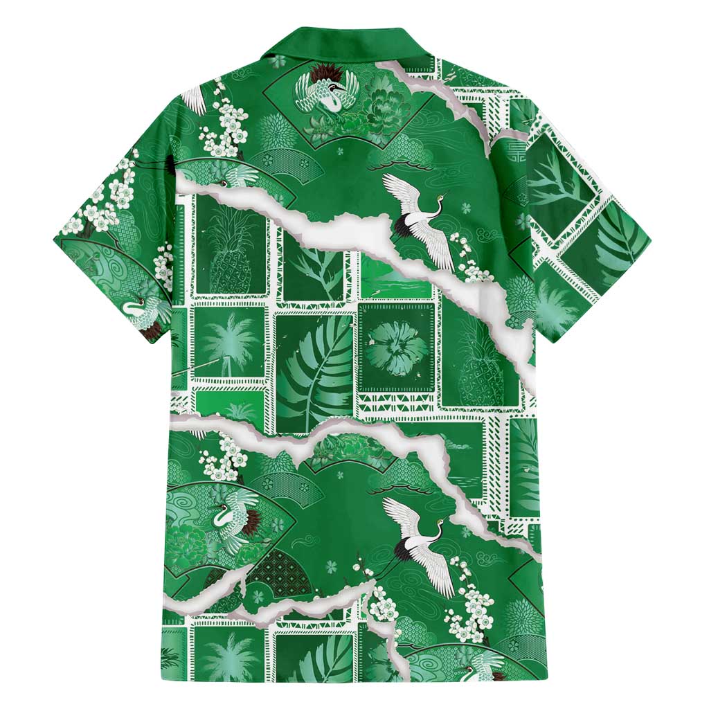 Hawaii Japanese Culture Green Family Matching Long Sleeve Bodycon Dress and Hawaiian Shirt Spring Cranes Aloha Pattern LT01 - Polynesian Pride