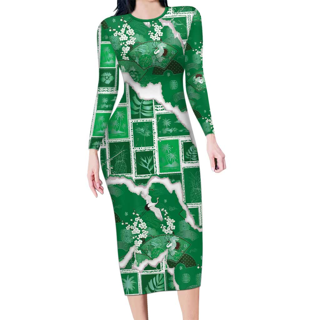 Hawaii Japanese Culture Green Family Matching Long Sleeve Bodycon Dress and Hawaiian Shirt Spring Cranes Aloha Pattern LT01 Mom's Dress Green - Polynesian Pride