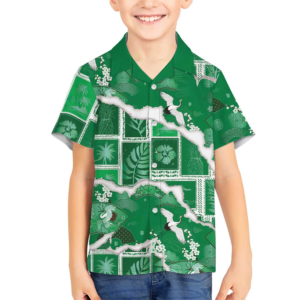 Hawaii Japanese Culture Green Family Matching Mermaid Dress and Hawaiian Shirt Spring Cranes Aloha Pattern LT01 Son's Shirt Green - Polynesian Pride