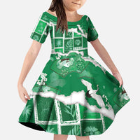 Hawaii Japanese Culture Green Family Matching Off The Shoulder Long Sleeve Dress and Hawaiian Shirt Spring Cranes Aloha Pattern LT01 Daughter's Dress Green - Polynesian Pride