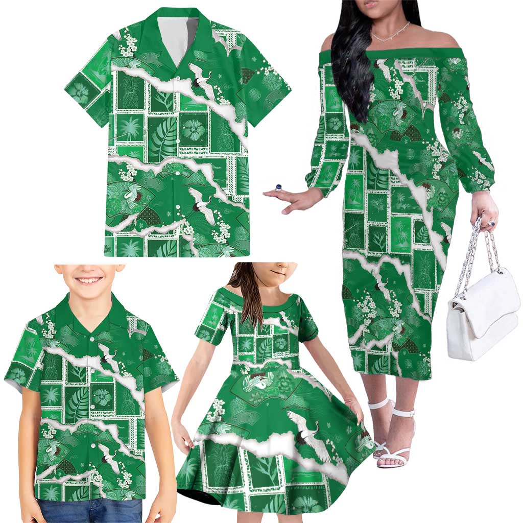Hawaii Japanese Culture Green Family Matching Off The Shoulder Long Sleeve Dress and Hawaiian Shirt Spring Cranes Aloha Pattern