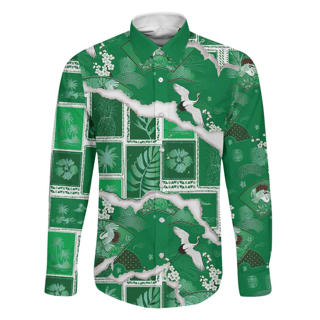 Hawaii Japanese Culture Green Family Matching Off The Shoulder Long Sleeve Dress and Hawaiian Shirt Spring Cranes Aloha Pattern LT01 Dad's Shirt - Long Sleeve Green - Polynesian Pride