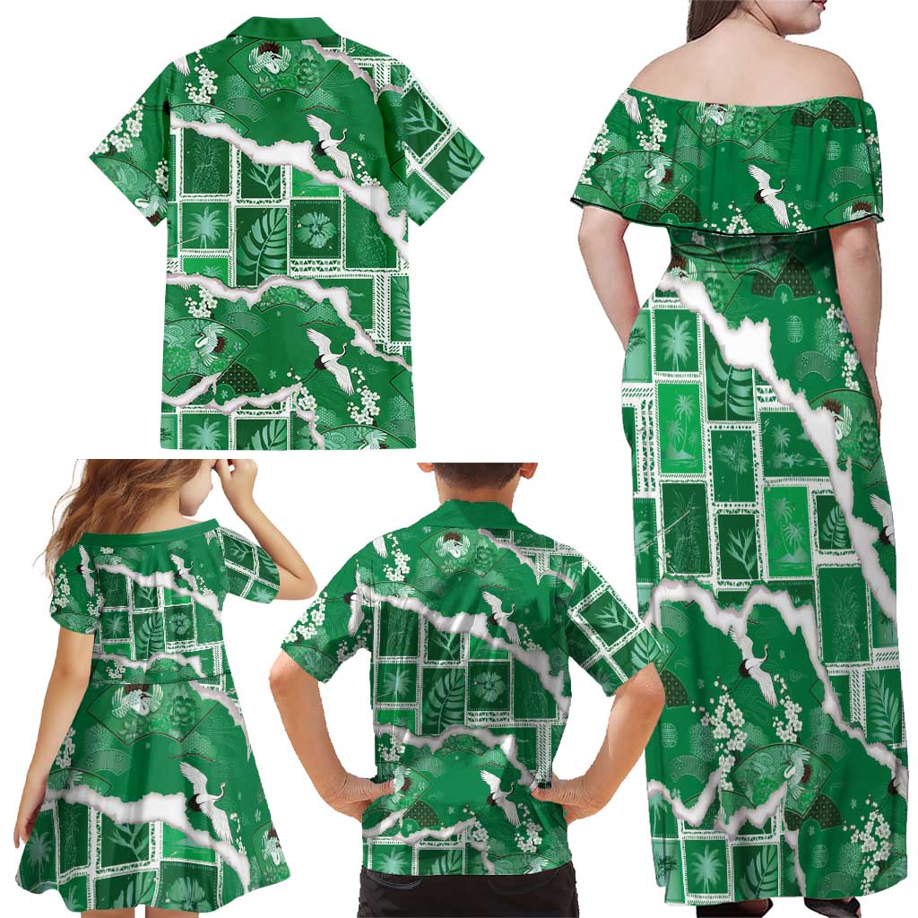 Hawaii Japanese Culture Green Family Matching Off Shoulder Maxi Dress and Hawaiian Shirt Spring Cranes Aloha Pattern