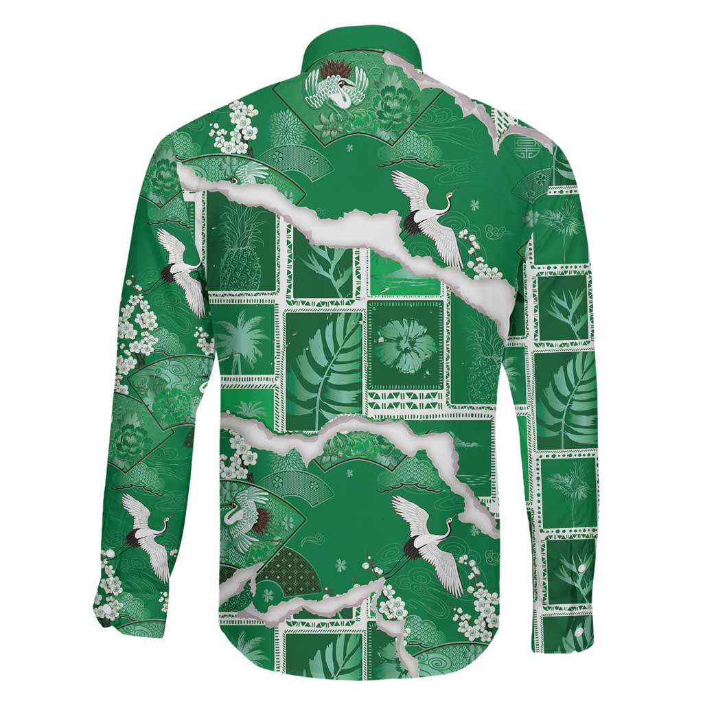Hawaii Japanese Culture Green Family Matching Off Shoulder Maxi Dress and Hawaiian Shirt Spring Cranes Aloha Pattern