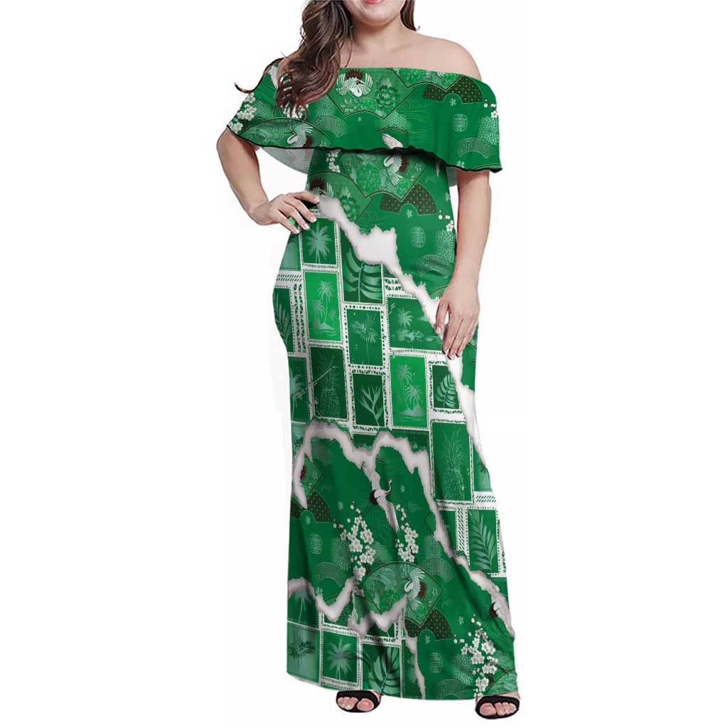 Hawaii Japanese Culture Green Family Matching Off Shoulder Maxi Dress and Hawaiian Shirt Spring Cranes Aloha Pattern