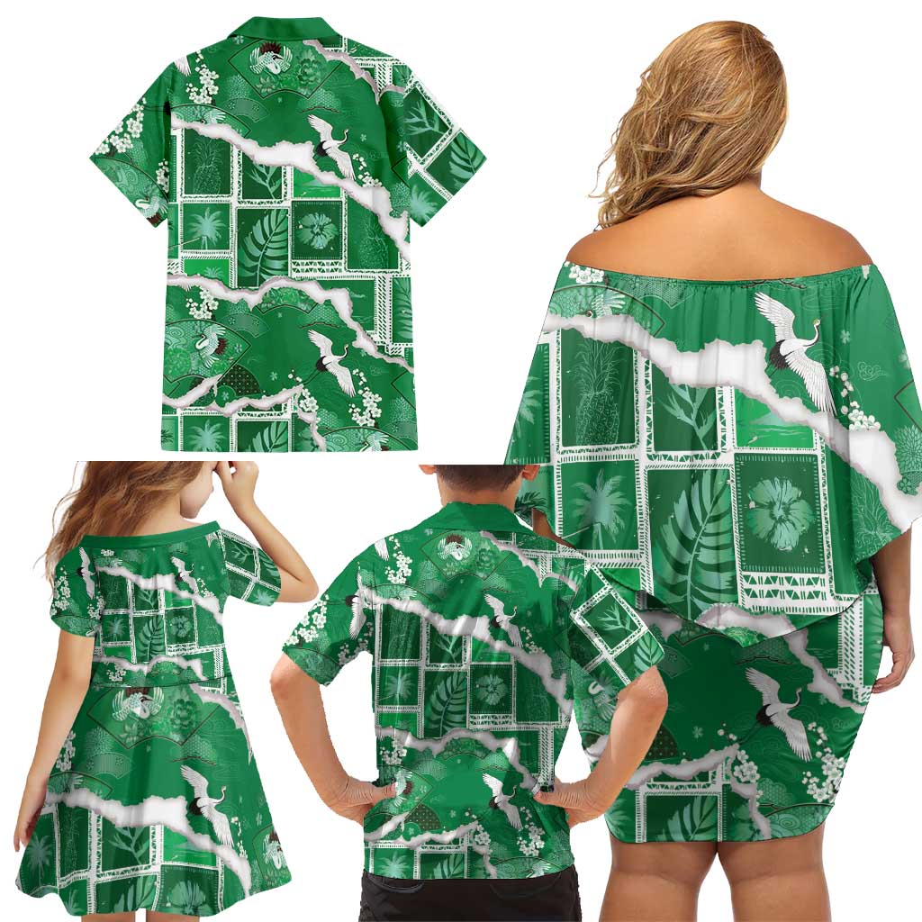 Hawaii Japanese Culture Green Family Matching Off Shoulder Short Dress and Hawaiian Shirt Spring Cranes Aloha Pattern LT01 - Polynesian Pride