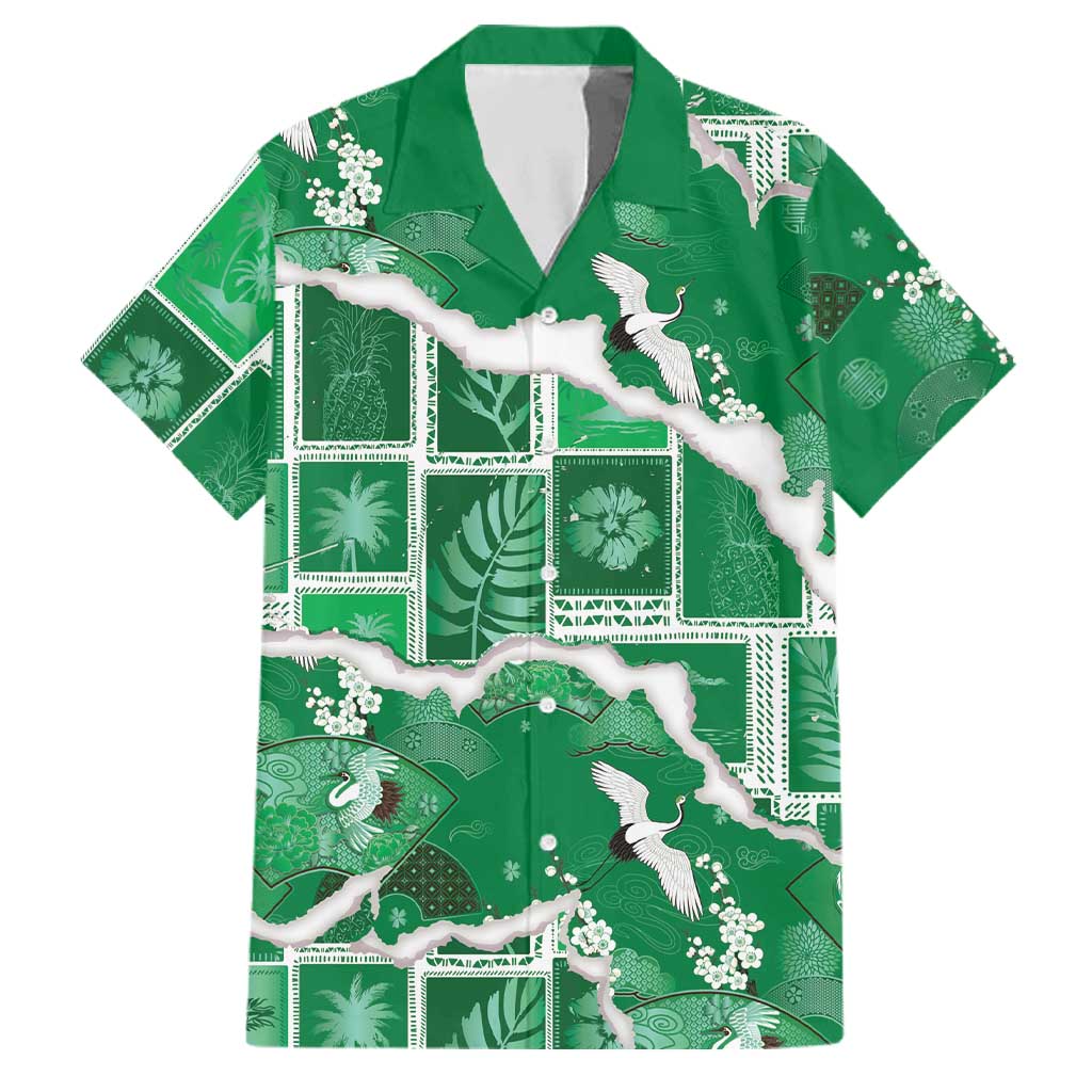 Hawaii Japanese Culture Green Family Matching Off Shoulder Short Dress and Hawaiian Shirt Spring Cranes Aloha Pattern LT01 Dad's Shirt - Short Sleeve Green - Polynesian Pride