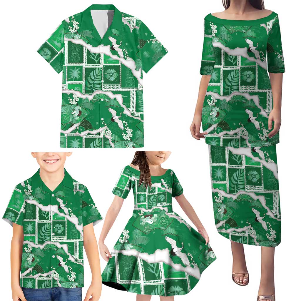 Hawaii Japanese Culture Green Family Matching Puletasi and Hawaiian Shirt Spring Cranes Aloha Pattern
