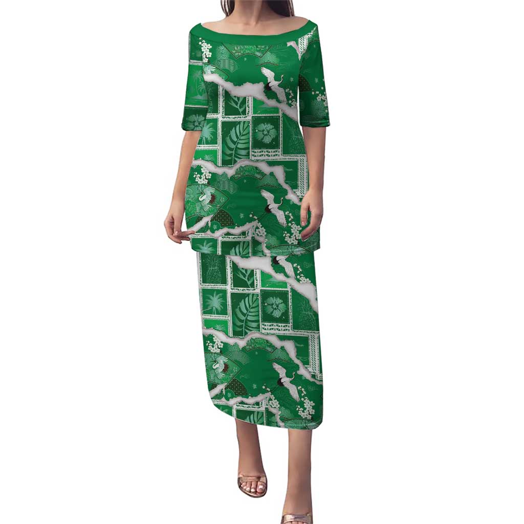 Hawaii Japanese Culture Green Family Matching Puletasi and Hawaiian Shirt Spring Cranes Aloha Pattern