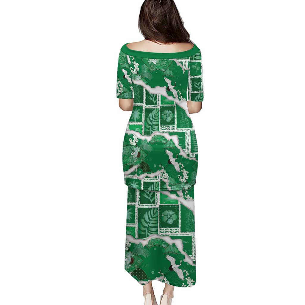 Hawaii Japanese Culture Green Family Matching Puletasi and Hawaiian Shirt Spring Cranes Aloha Pattern