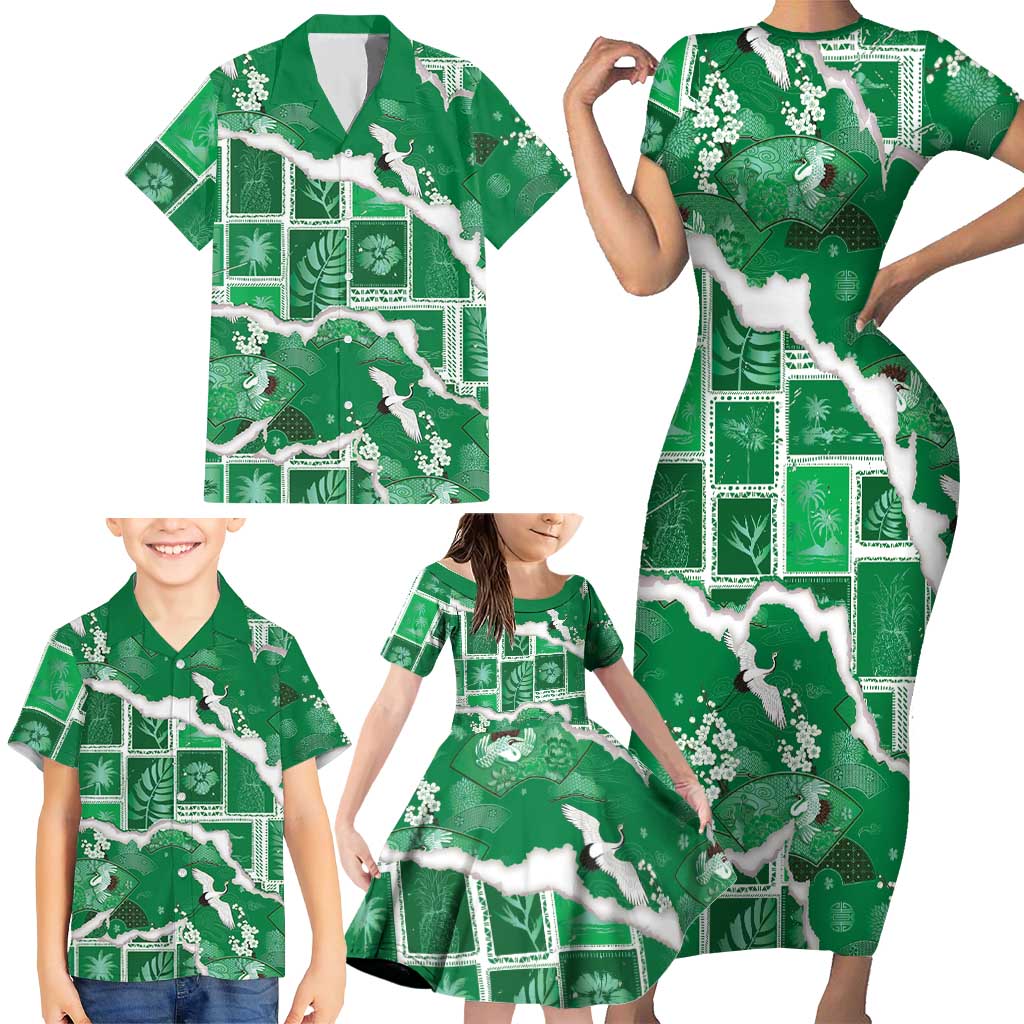 Hawaii Japanese Culture Green Family Matching Short Sleeve Bodycon Dress and Hawaiian Shirt Spring Cranes Aloha Pattern