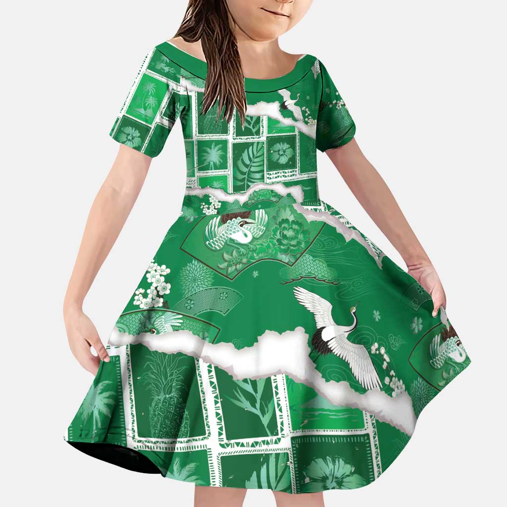 Hawaii Japanese Culture Green Family Matching Summer Maxi Dress and Hawaiian Shirt Spring Cranes Aloha Pattern