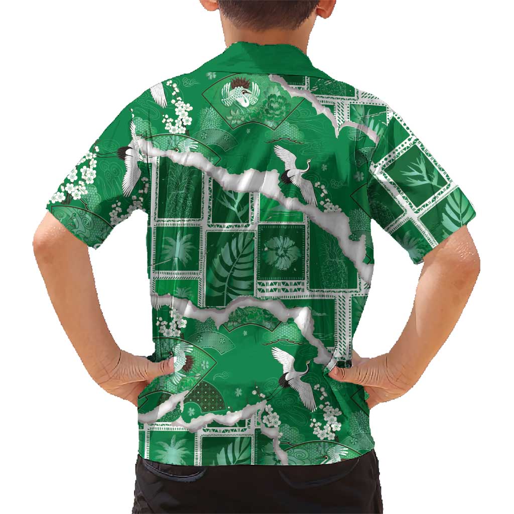 Hawaii Japanese Culture Green Family Matching Tank Maxi Dress and Hawaiian Shirt Spring Cranes Aloha Pattern LT01 - Polynesian Pride