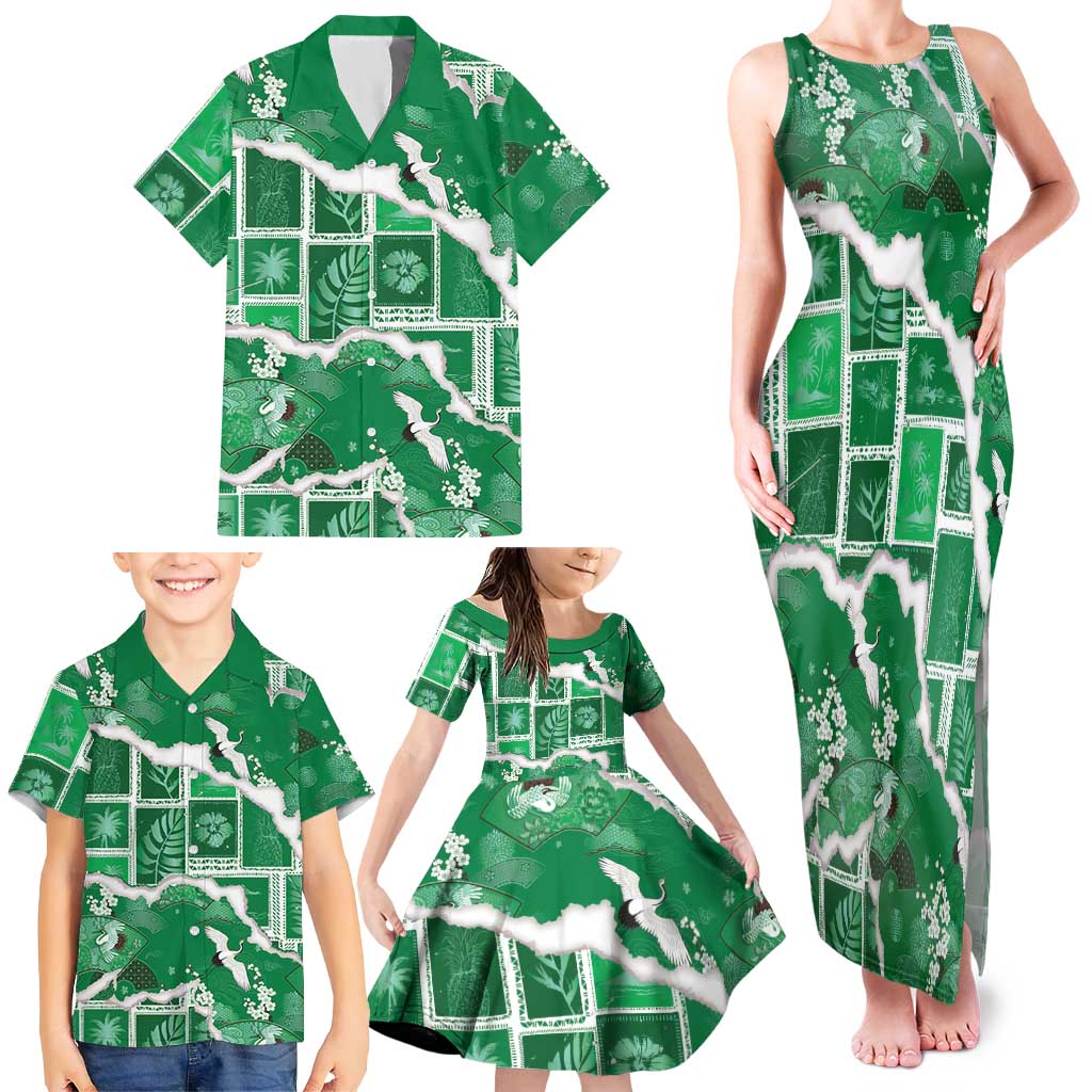 Hawaii Japanese Culture Green Family Matching Tank Maxi Dress and Hawaiian Shirt Spring Cranes Aloha Pattern