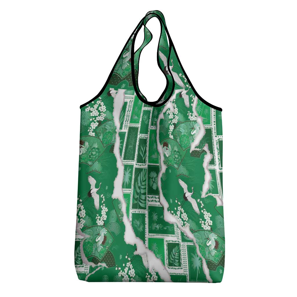 Hawaii Japanese Culture Green Grocery Bag Spring Cranes Aloha Pattern