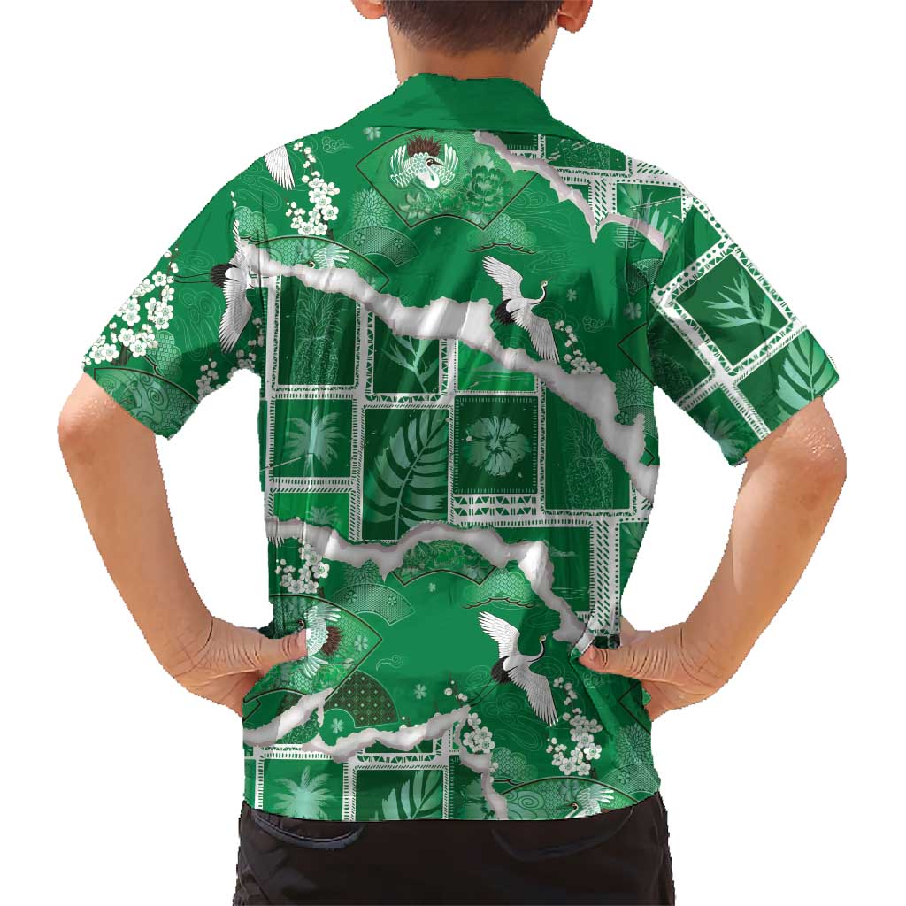 Hawaii Japanese Culture Green Hawaiian Shirt Spring Cranes Aloha Pattern