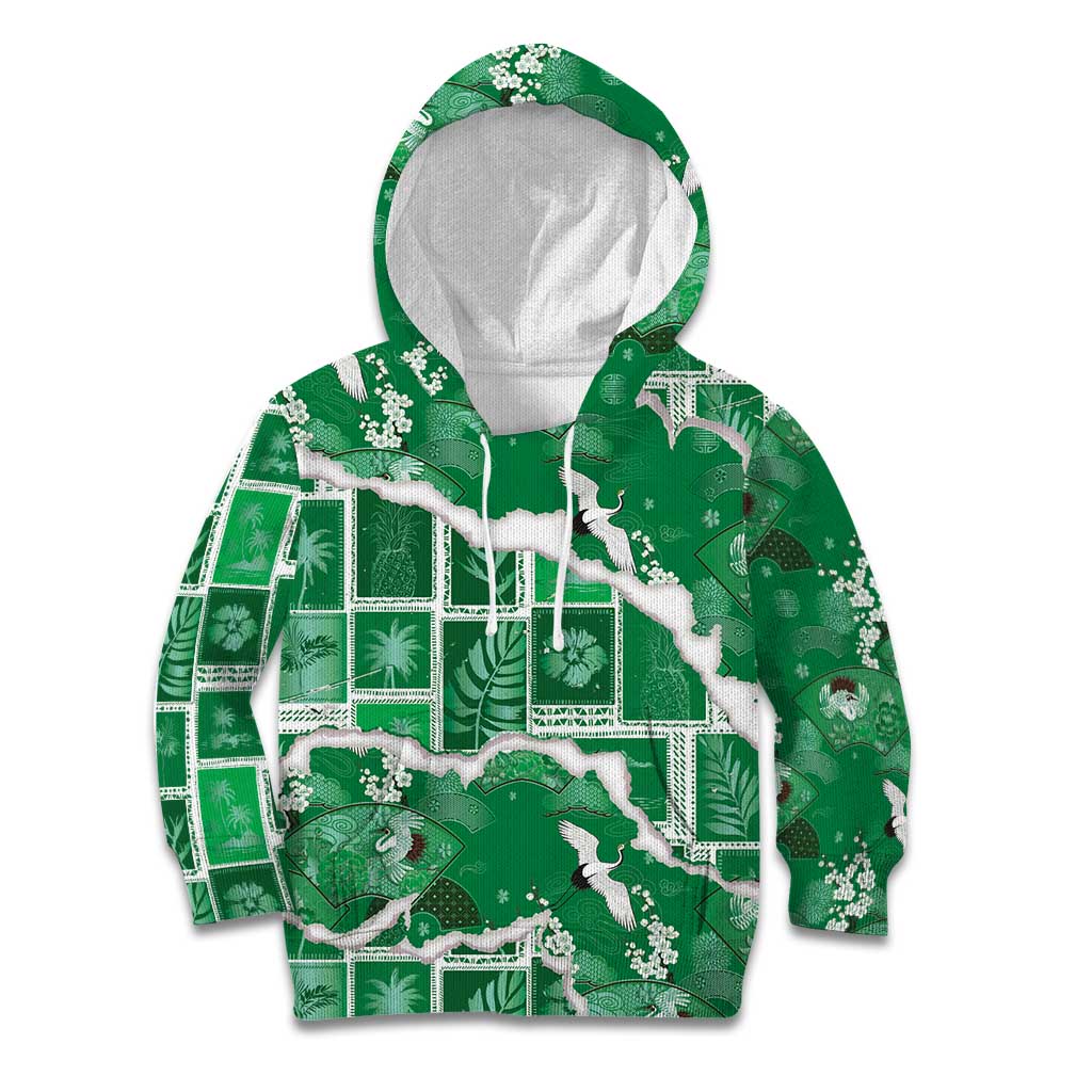 Hawaii Japanese Culture Green Kid Hoodie Spring Cranes Aloha Pattern