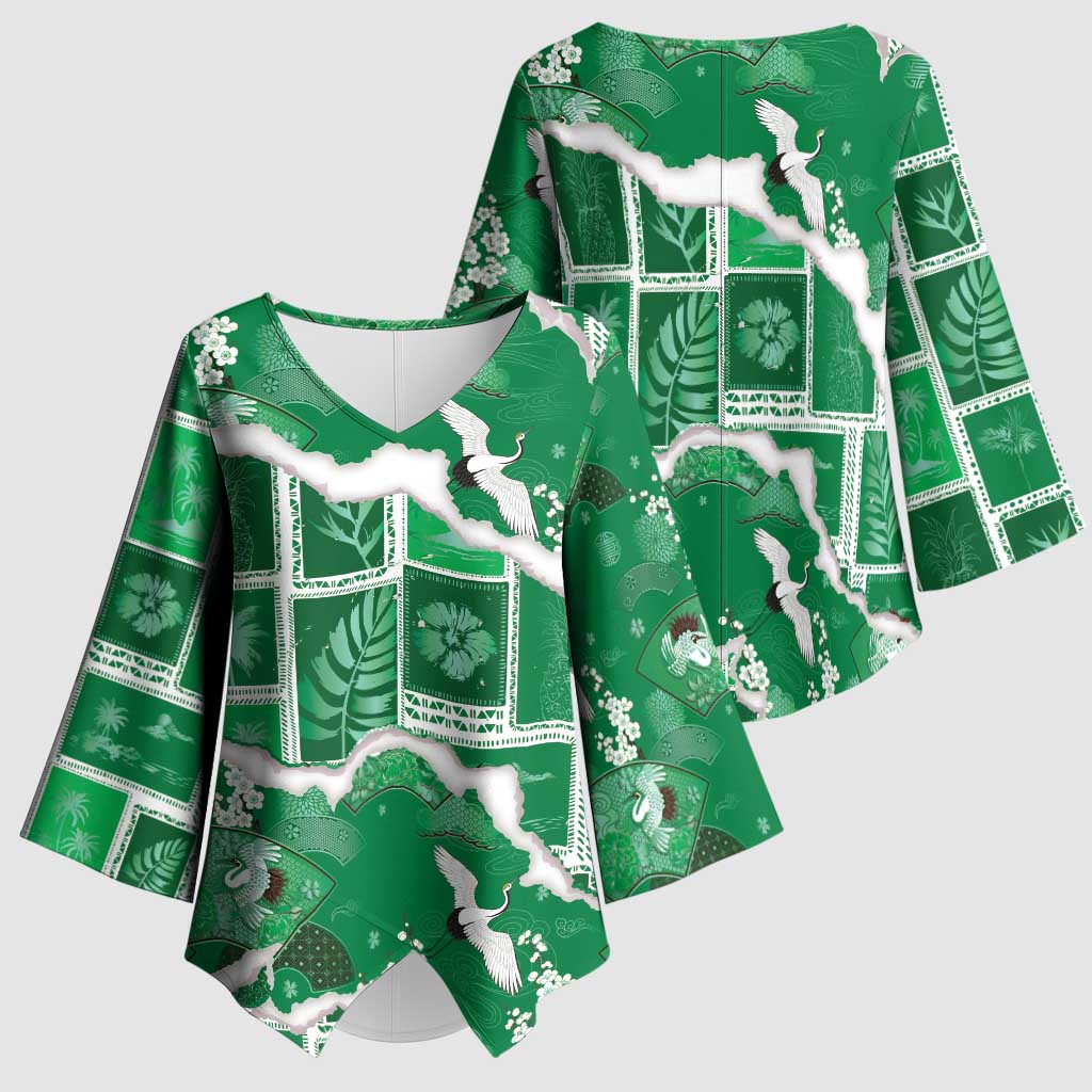 Hawaii Japanese Culture Green Kimono Sleeve Blouse Spring Cranes Aloha Pattern