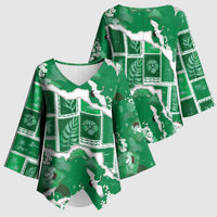 Hawaii Japanese Culture Green Kimono Sleeve Blouse Spring Cranes Aloha Pattern