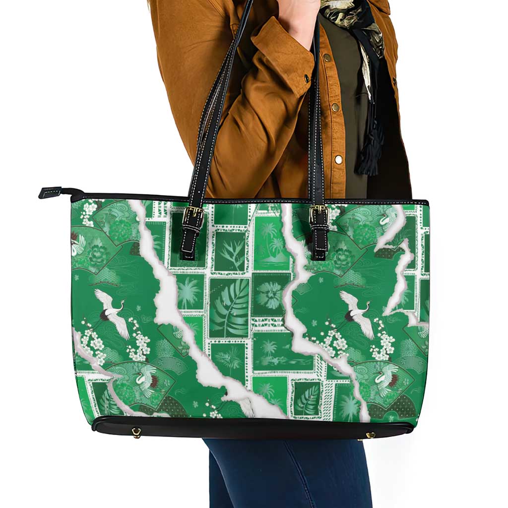 Hawaii Japanese Culture Green Leather Tote Bag Spring Cranes Aloha Pattern