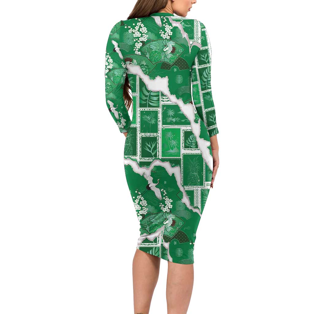Hawaii Japanese Culture Green Long Sleeve Bodycon Dress Spring Cranes Aloha Pattern