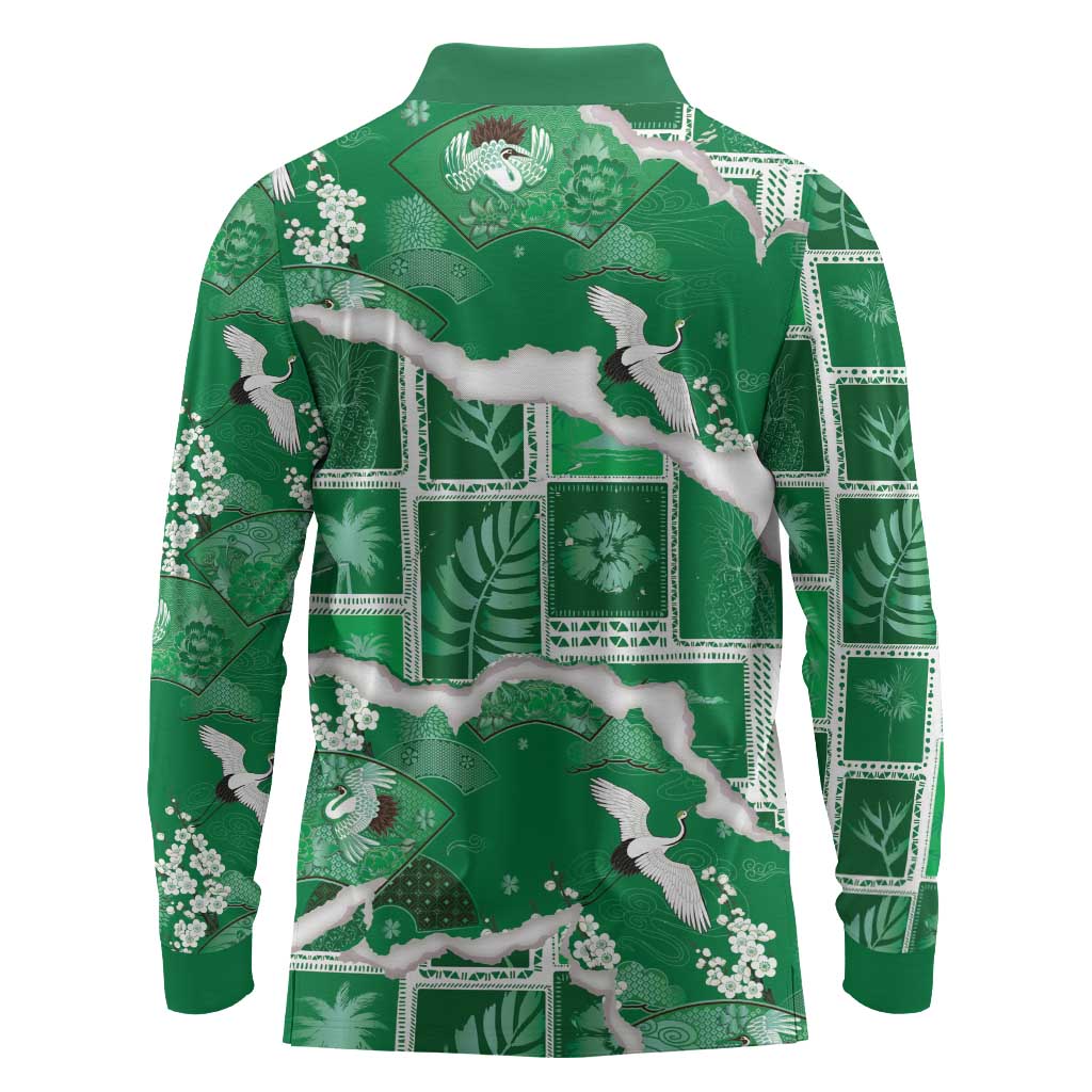 Hawaii Japanese Culture Green Long Sleeve Polo Shirt Spring Cranes Aloha Pattern