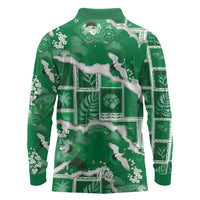 Hawaii Japanese Culture Green Long Sleeve Polo Shirt Spring Cranes Aloha Pattern