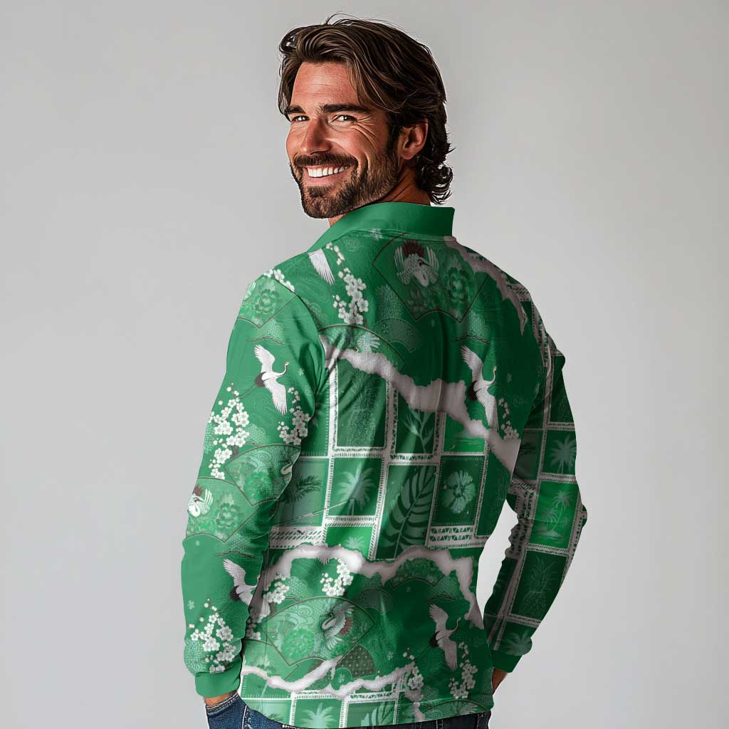Hawaii Japanese Culture Green Long Sleeve Polo Shirt Spring Cranes Aloha Pattern