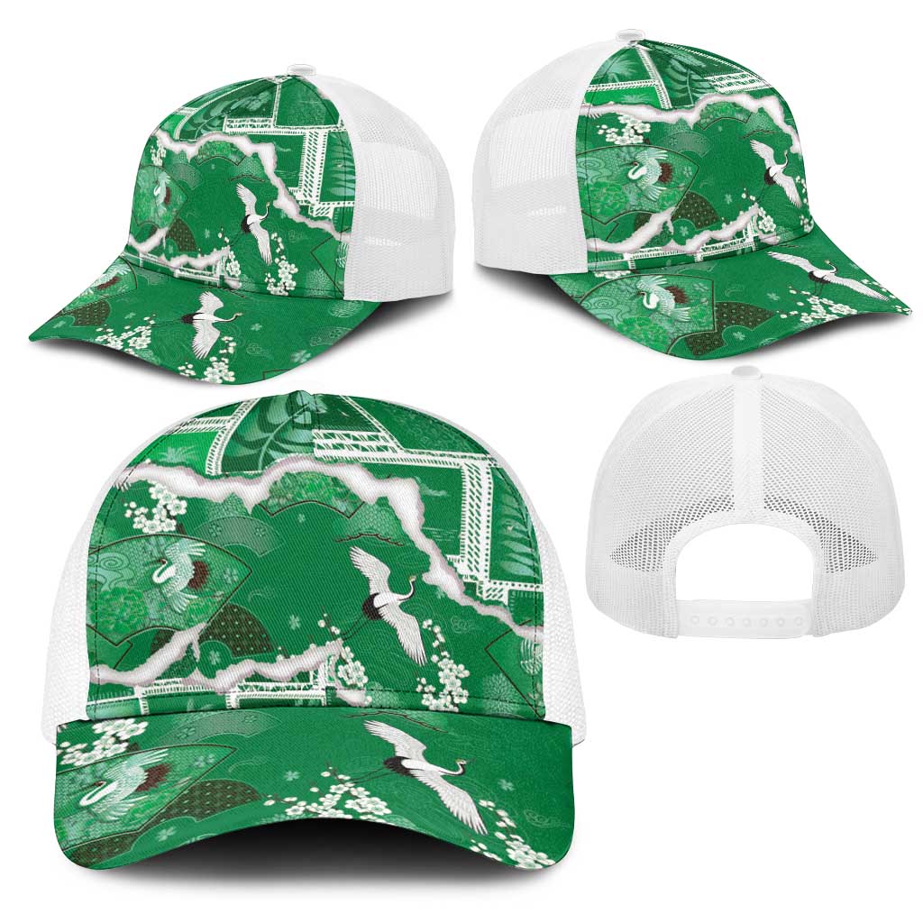Hawaii Japanese Culture Green Mesh Trucker Cap Spring Cranes Aloha Pattern