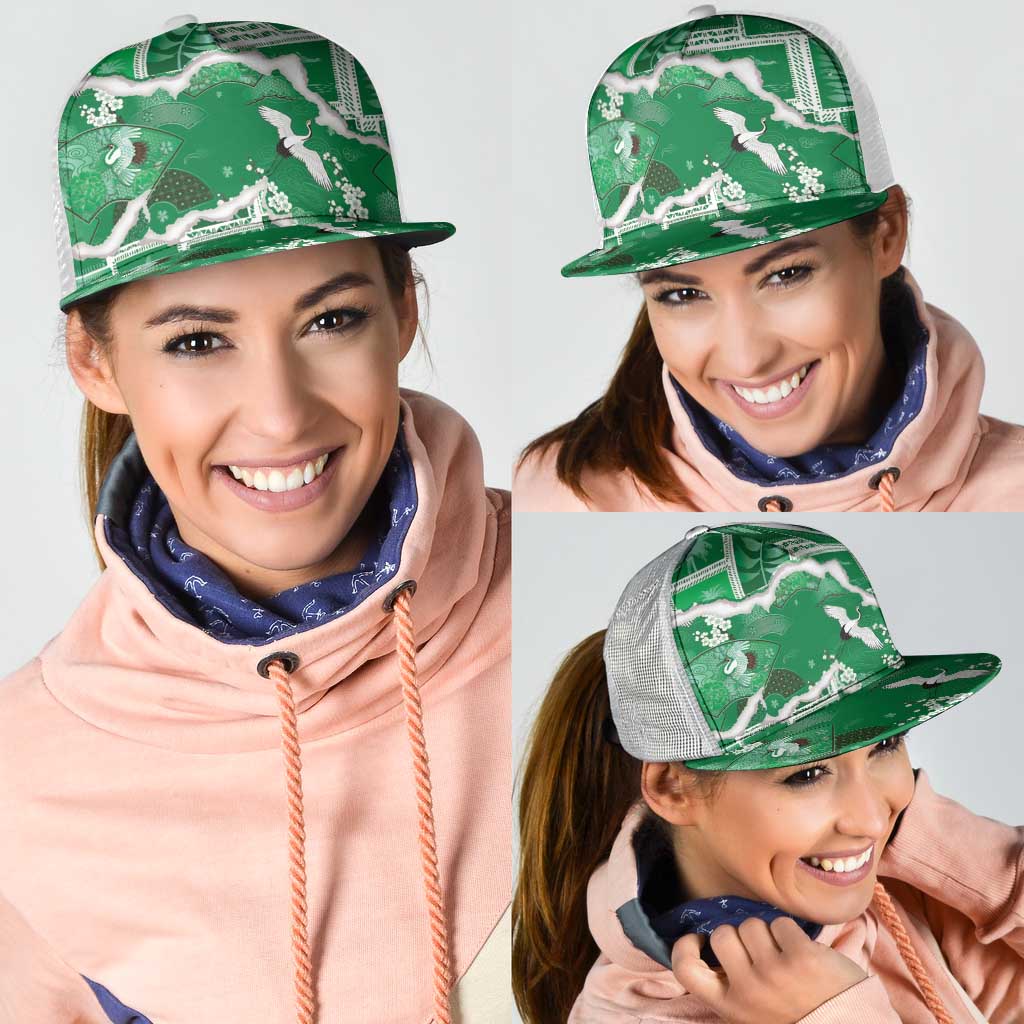 Hawaii Japanese Culture Green Mesh Trucker Cap Spring Cranes Aloha Pattern