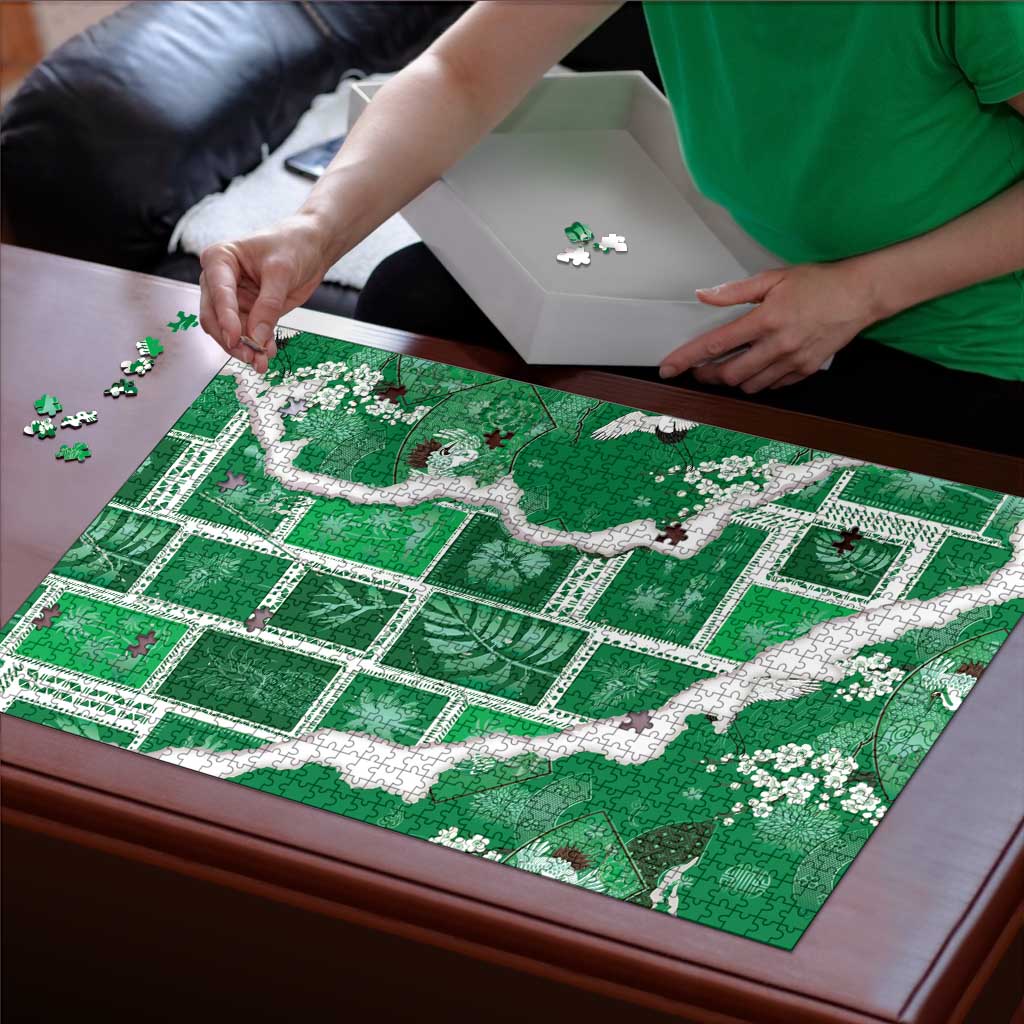 Hawaii Japanese Culture Green Puzzle Spring Cranes Aloha Pattern