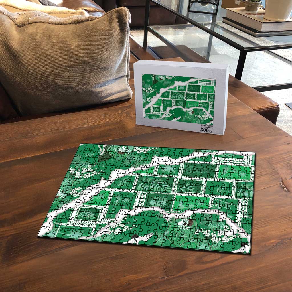 Hawaii Japanese Culture Green Puzzle Spring Cranes Aloha Pattern