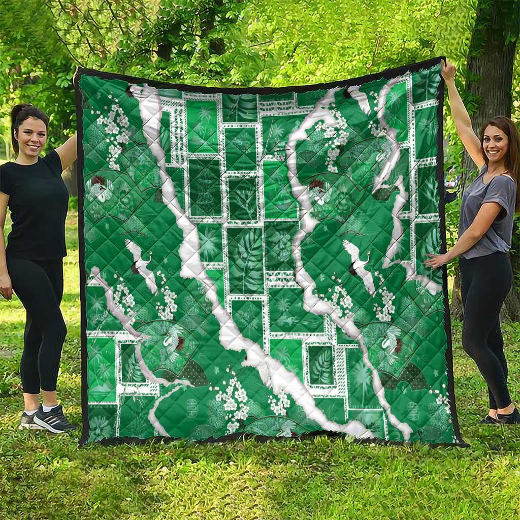 Hawaii Japanese Culture Green Quilt Spring Cranes Aloha Pattern
