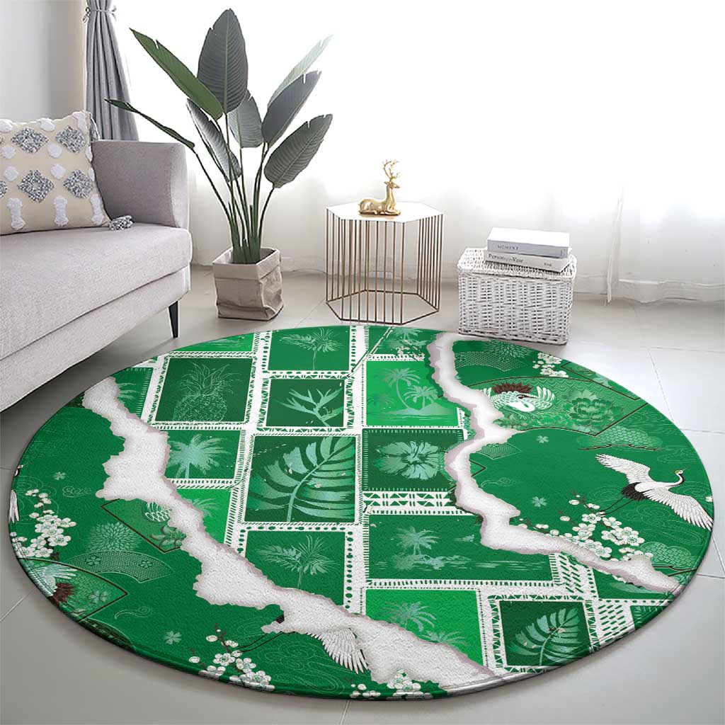 Hawaii Japanese Culture Green Round Carpet Spring Cranes Aloha Pattern