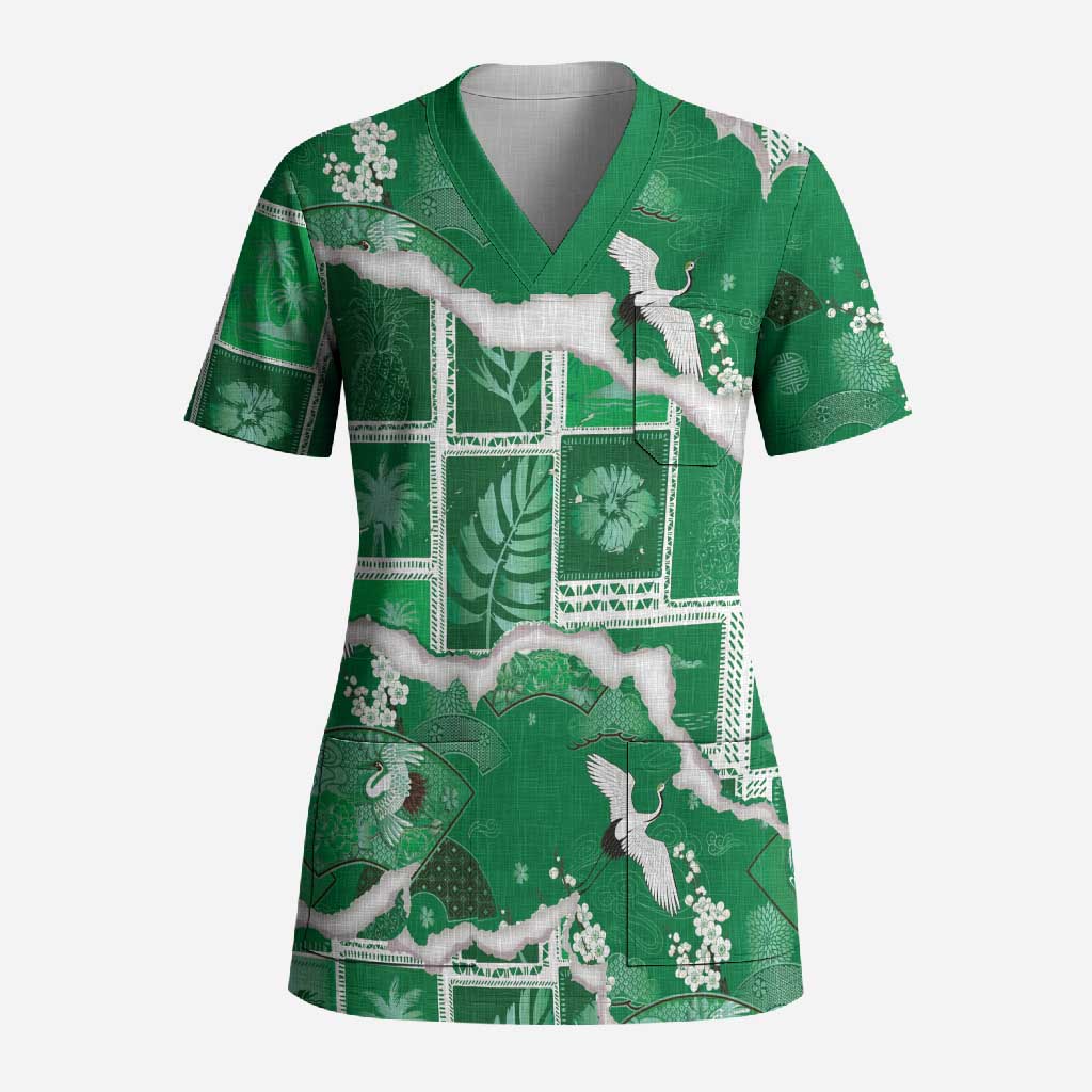 Hawaii Japanese Culture Green Scrub Top Spring Cranes Aloha Pattern