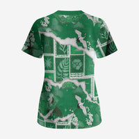 Hawaii Japanese Culture Green Scrub Top Spring Cranes Aloha Pattern