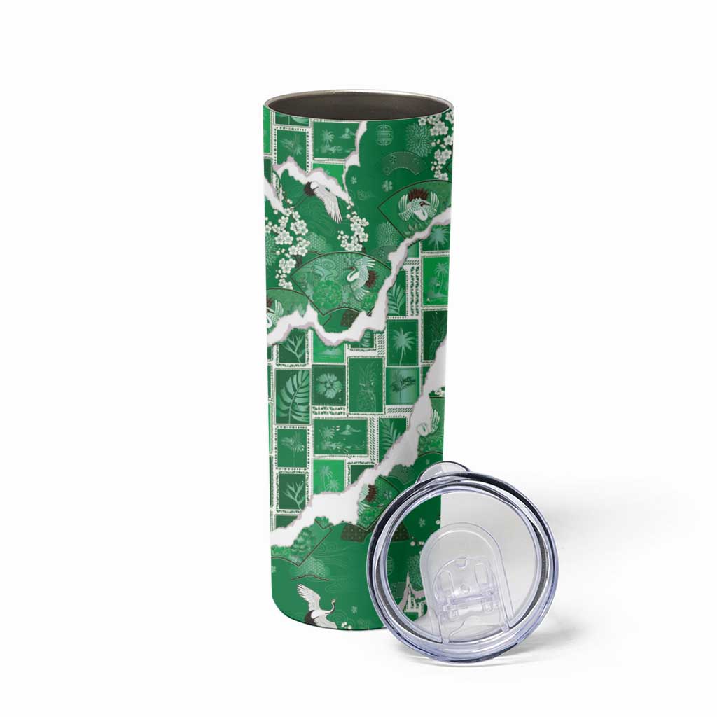 Hawaii Japanese Culture Green Skinny Tumbler Spring Cranes Aloha Pattern