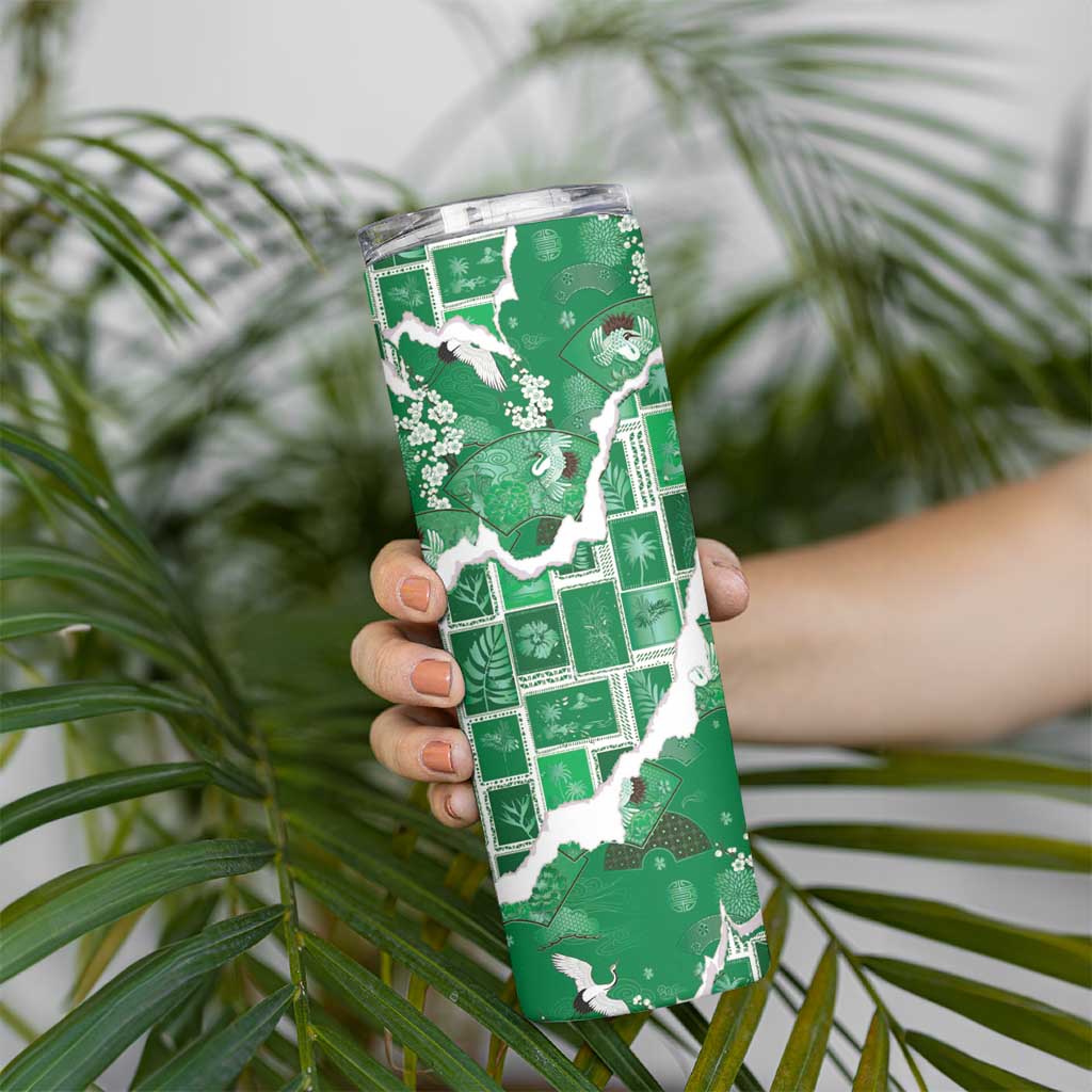 Hawaii Japanese Culture Green Skinny Tumbler Spring Cranes Aloha Pattern