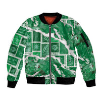 Hawaii Japanese Culture Green Sleeve Zip Bomber Jacket Spring Cranes Aloha Pattern